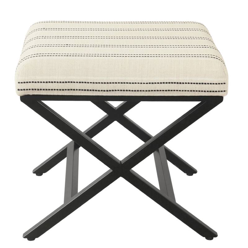 Square Ottoman Footstool, Black Metal, White Striped Polyester 20 Inch