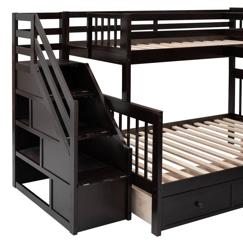 L-Shaped Bunk Bed, Twin-Twin Over Full Wood Bed with Wardrobe, Foldable Desk, Drawers and Shelves