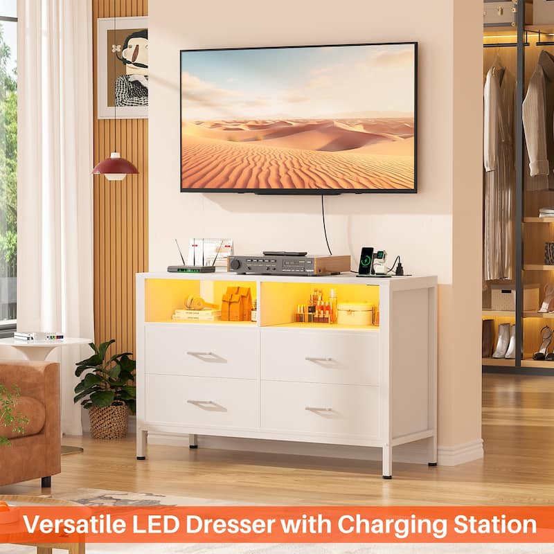 Chest of Drawers with LED Lights and Outlets,Wood Drawer Dresser for Clothes Storage