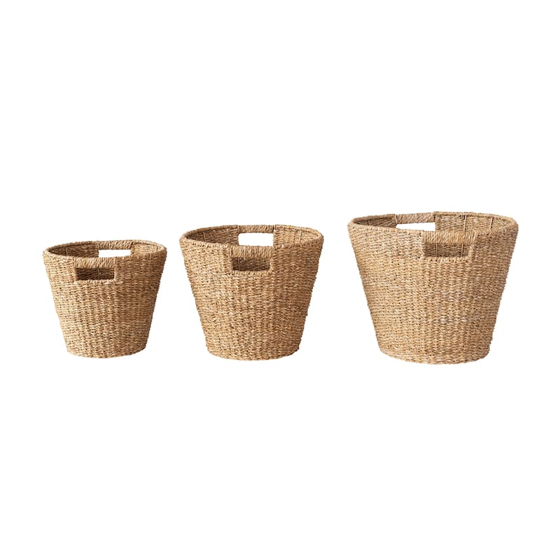 Decorative Hand-Woven Seagrass Cone Baskets with Handles, Set of 3 - 18.0"L x 11.8"W x 15.0"H - Natural - 18.0"L x 11.8"W x 15.0"H