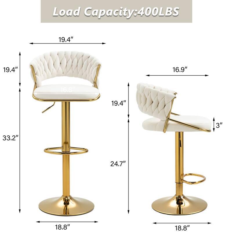 Set of 4 Modern Velvet Adjustable Bar Stools with Backs