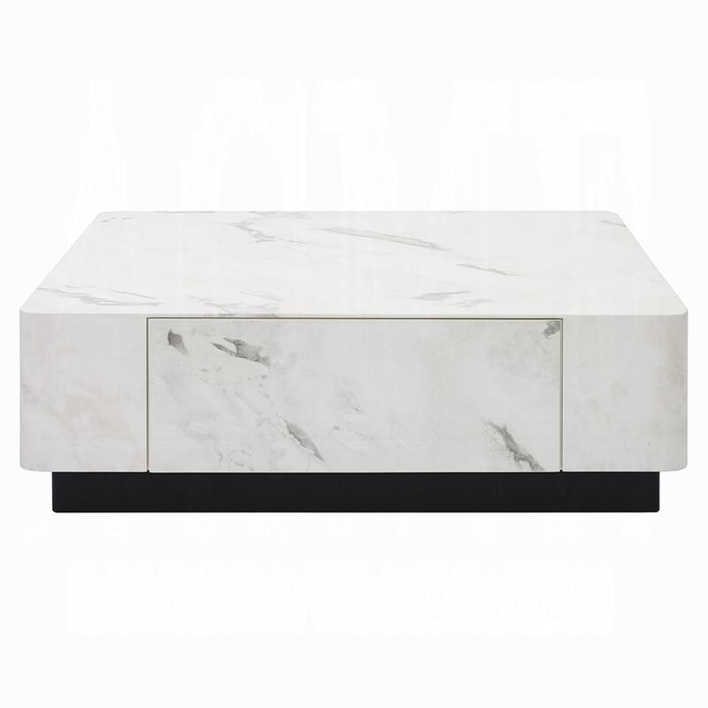 Ritzy Coffee Table, Modern Plinth, White Faux Marble, 47 Inch Square