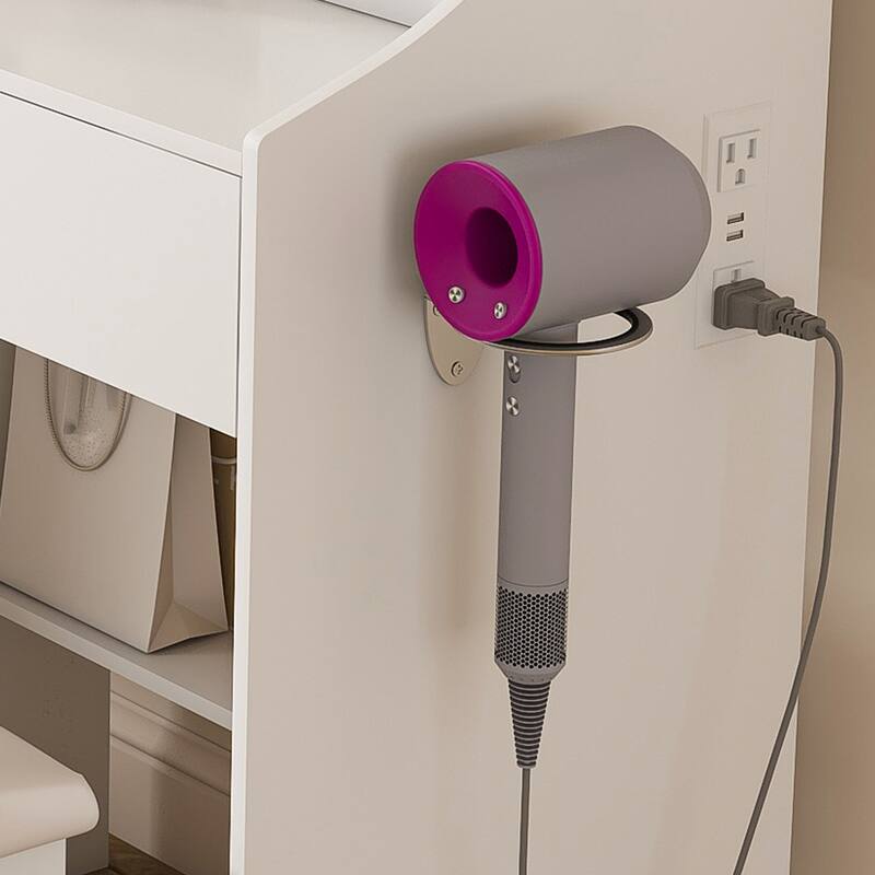 3-Color LED Vanity Mirror with Stool，Dressing Table for Bedroom, 2 Drawers & 5 Storage Cabinets (4 Open + 1 Hidden)