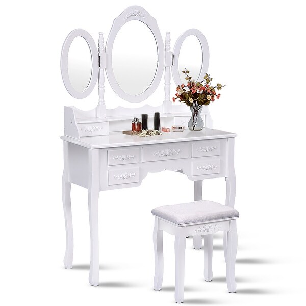 Tri Folding Oval Mirror Wood Vanity Makeup Table Set with Stool