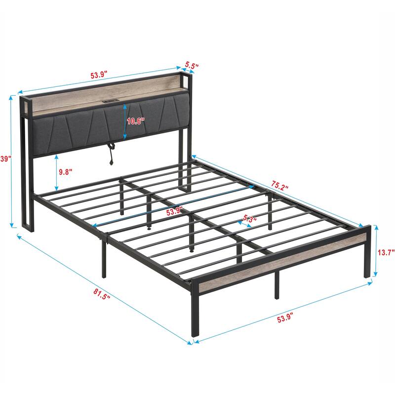 Full Size Bed Frame with USB LINER, Upholstered Headboard with Shelves, Metal Platform Bed with Footboard, No Box Spring Needed