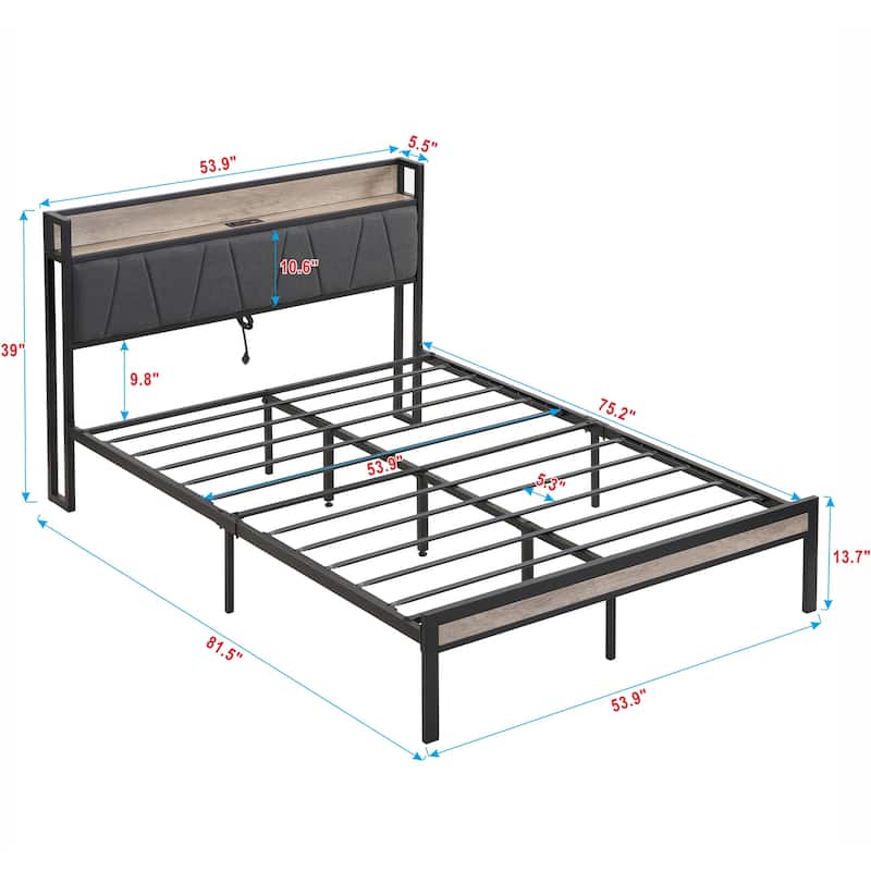 Full Size Metal Platform Bed with Upholstered Headboard and USB