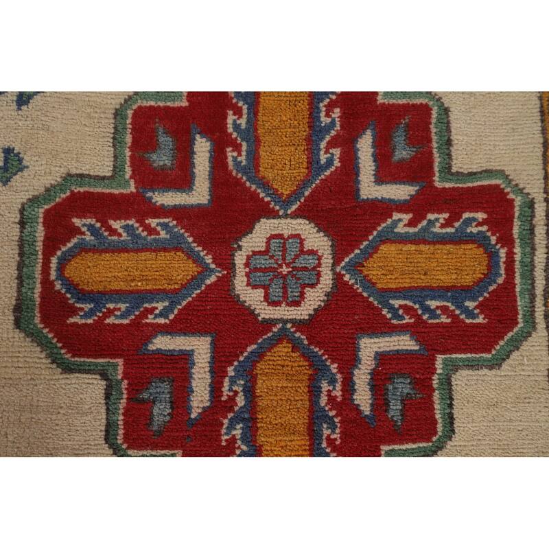 Ivory Geometric Kazak Area Rug Hand-Knotted Wool Carpet - 8'0" x 10'6"