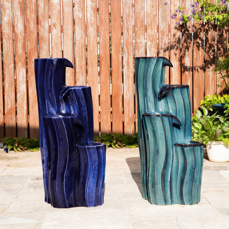 Glitzhome 29.5"H 4-Tiered Wavy Textured Outdoor Ceramic Floor Fountain with LED Light