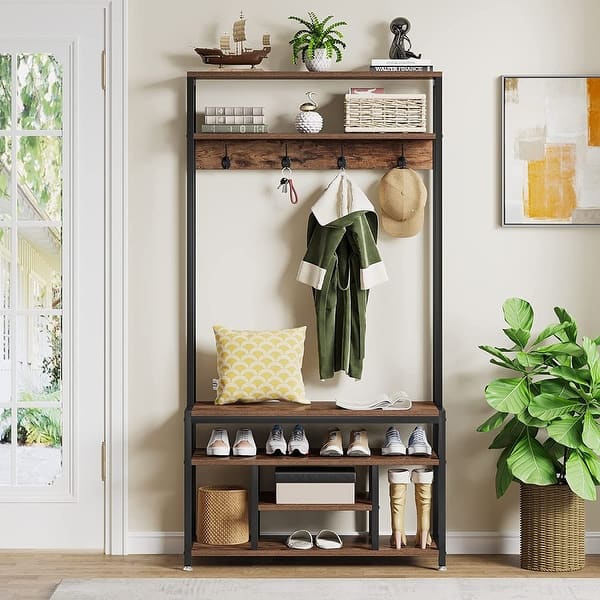 Industrial Hall Tree, Entryway Shoe Bench with Coat Rack Hook and ...