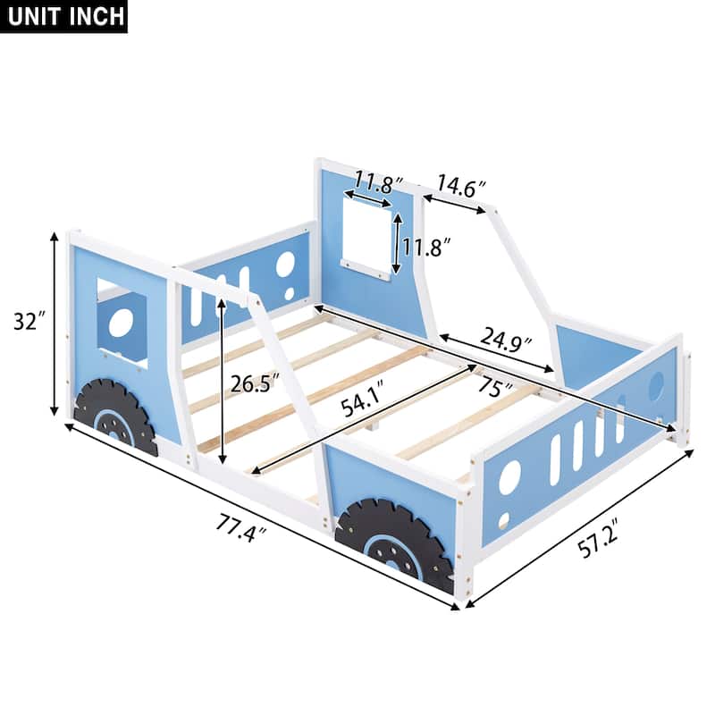 Pine Car-Shaped Platform Bed with Decorative Wheels
