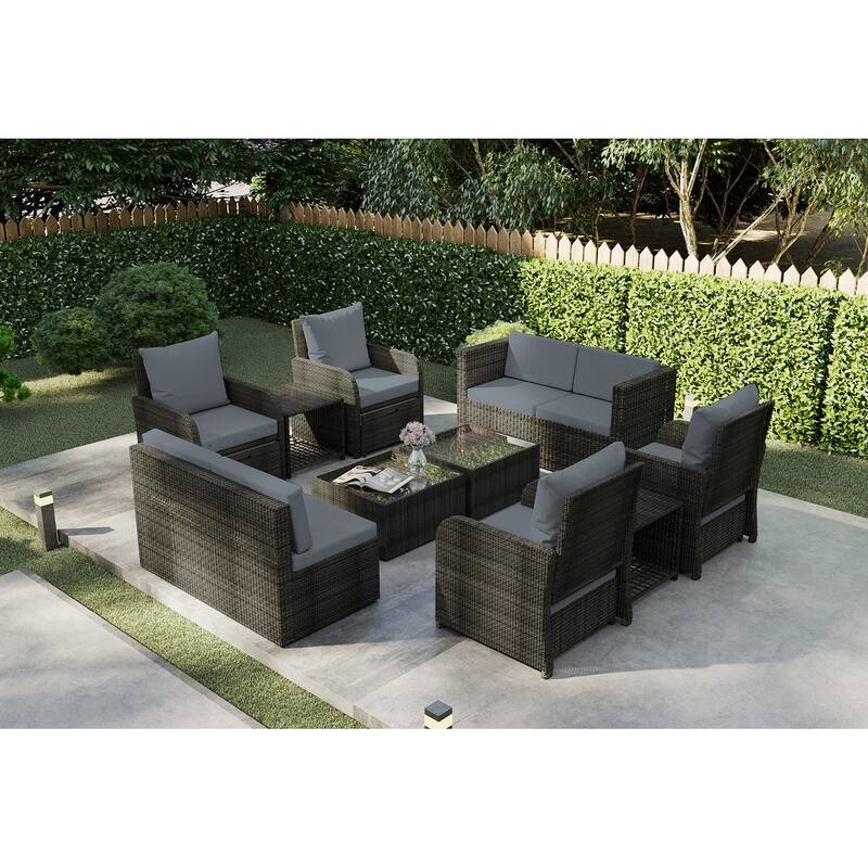 Patio 12-piece Rattan Conversation Sectional Sofa Set With Cushion