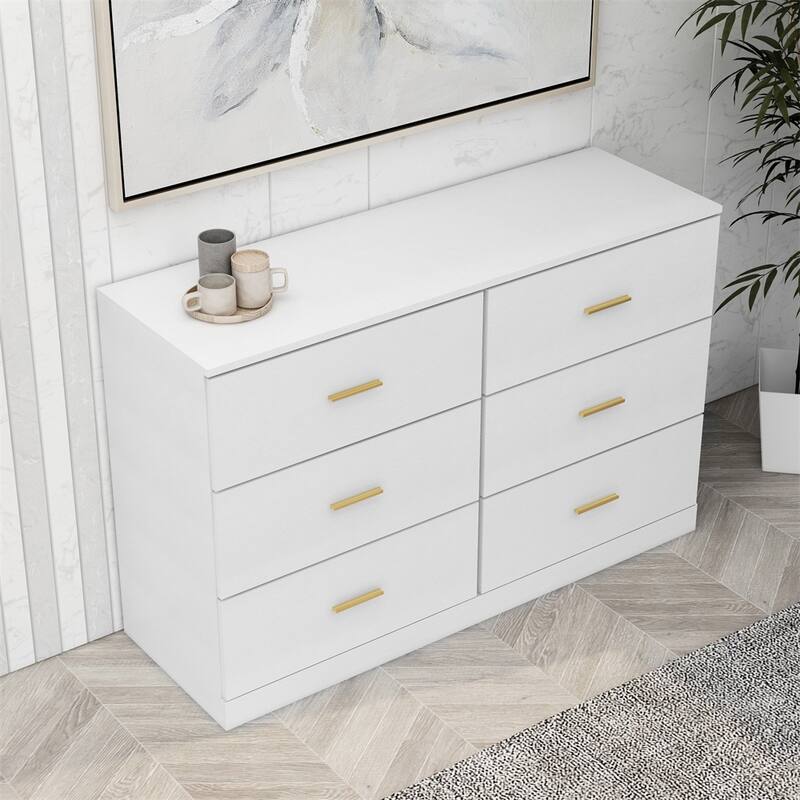 White 6-Drawer Dresser, Ample Storage Wide Chest of Drawers, Sturdy