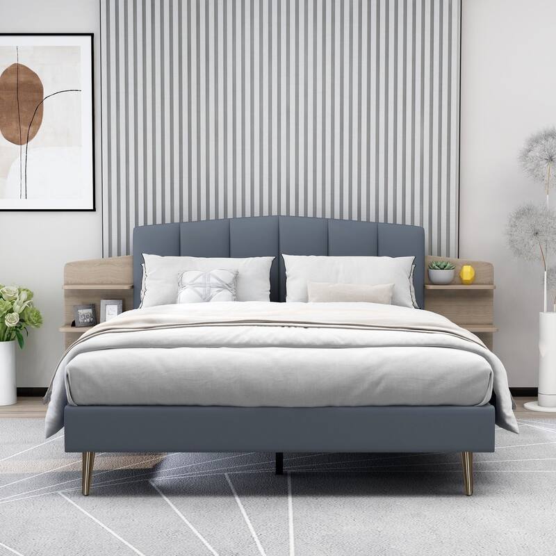 Alazyhome Upholstered Platform Bed Frame with Bedside Cupboard
