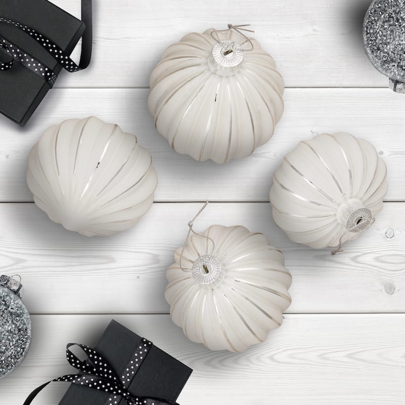 Striped Ball and Onion Glass Christmas Ornaments - 3" (80mm) - White and Silver - 4ct