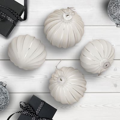 Striped Ball and Onion Glass Christmas Ornaments - 3" (80mm) - White and Silver - 4ct