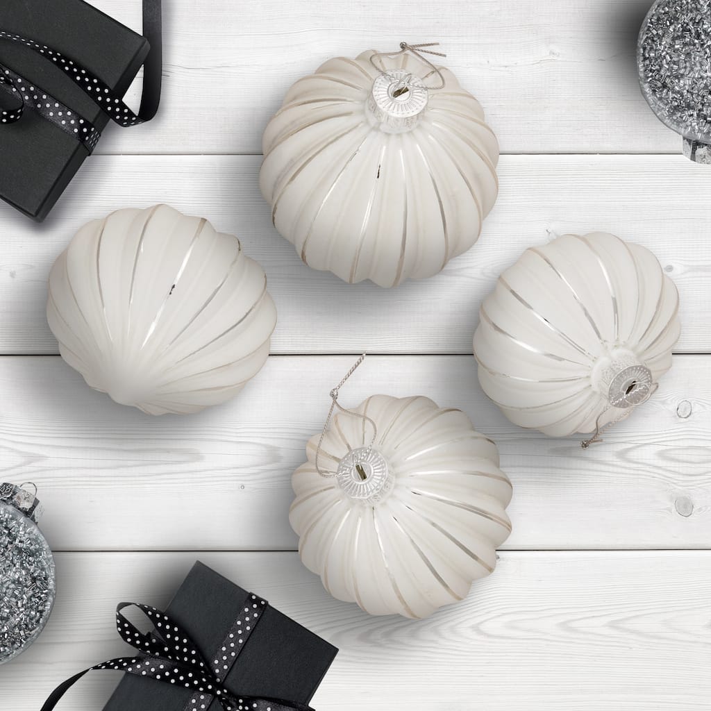 Striped Ball and Onion Glass Christmas Ornaments - 3" (80mm) - White and Silver - 4ct
