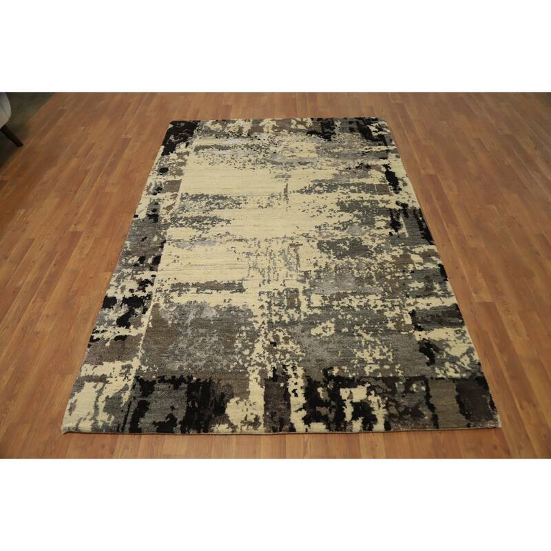 Hand Knotted Oriental 100% Wool Carpet Modern Abstract Beige & Ivories Gabbeh Area Rug - 7' 6'' X 5' 2''