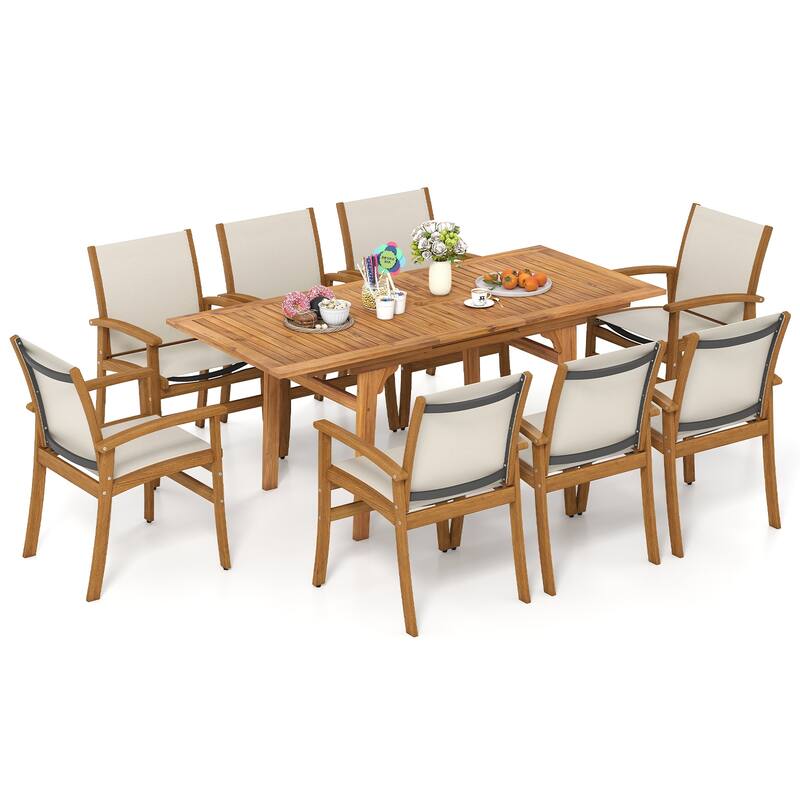 Gymax 9PCS Acacia Wood Outdoor Dining Set w/ 1.97'' Umbrella Hole for - Natural