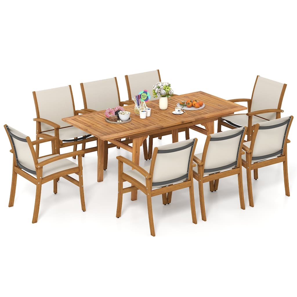 Gymax 9PCS Acacia Wood Outdoor Dining Set w/ 1.97'' Umbrella Hole for