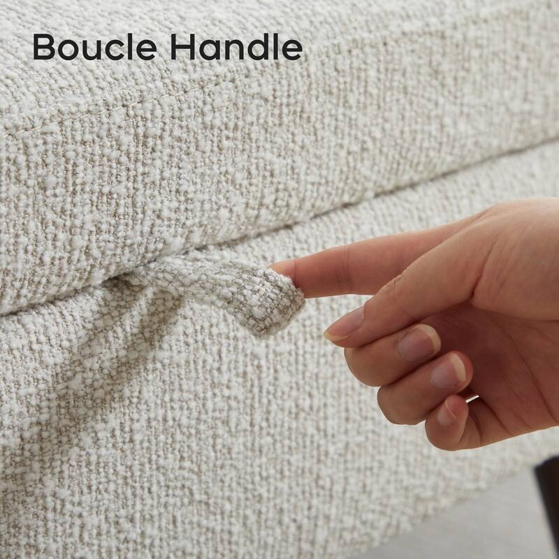 44" Beige Boucle Storage Ottoman Bench for Living Room Bedroom,Oval Storage Bench Ottoman Foot Rest Wood Legs