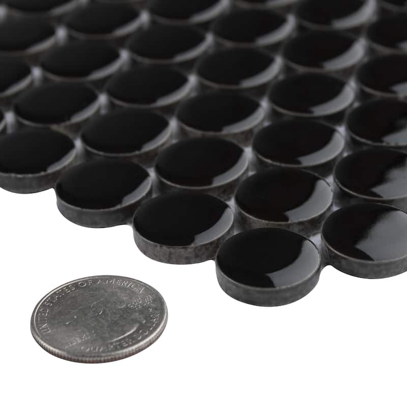 Merola Tile Metro Penny Glossy Black 9-3/4" x 11-1/2" Porcelain Mosaic Floor and Wall Tile