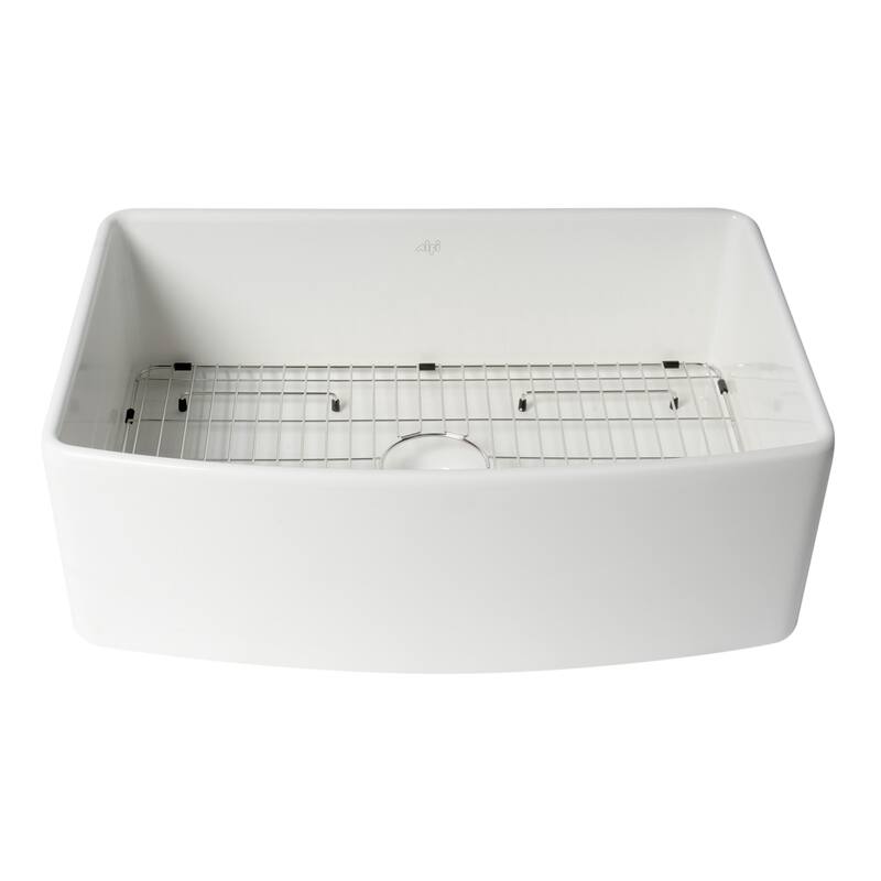 ALFI Brand White Smooth Curved Apron 30" x 20" Single Bowl Fireclay Farm Sink with Grid