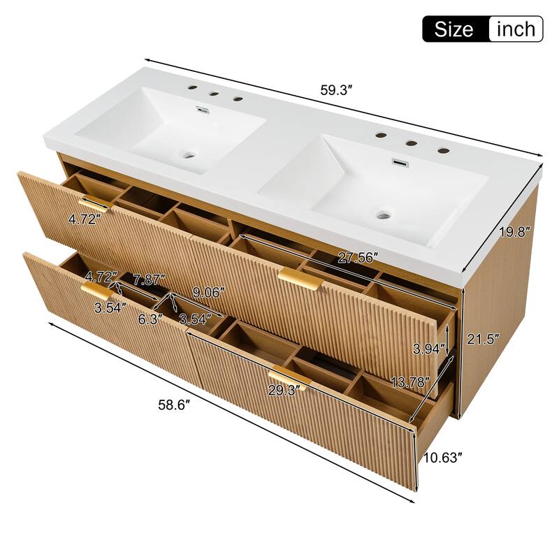 59.3" Double Sink Bathroom Vanity with SMC Top, Soft-Close Drawers & Wall-Mounted Cabinet