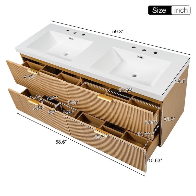 GDFStudio - Stratford Modern Wall Mounted Double Sink Bathroom Vanity with SMC Countertop, Soft Close Drawers & Storage - 19.8"