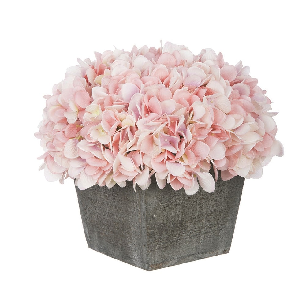 Faux Hydrangea in Grey Washed Wood Cube Planter