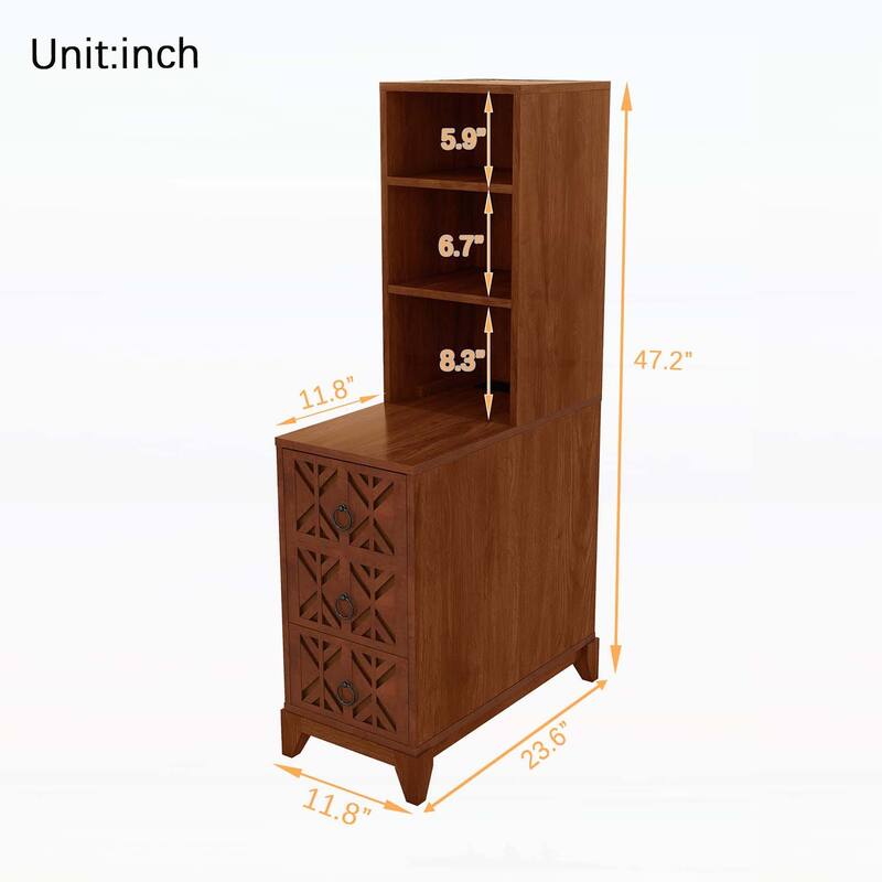 Elegant X-Carved End Table with 3 Drawers,2 Open Shelves,and Charging Station for Modern Bedrooms and Corners
