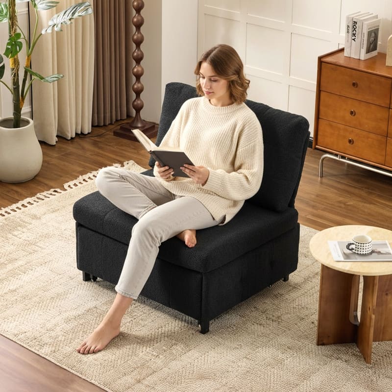Teddy Fleece Armless Sleeper Chair Sofa Bed Space-Saving Pull-Out Chair Bed For Small Spaces