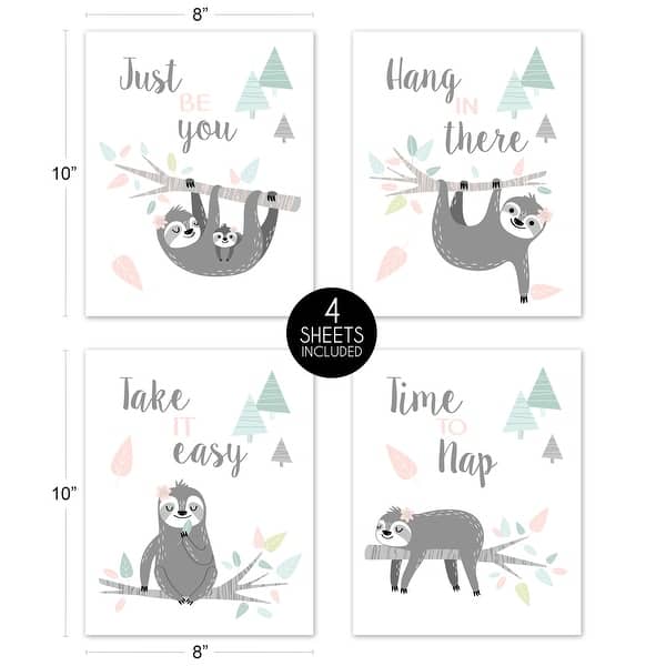 Sweet Jojo Designs Pink Grey Jungle Sloth Leaf Wall Decor Art Prints (Set of 4) - Blush Turquoise Gray Green Tropical Rainforest
