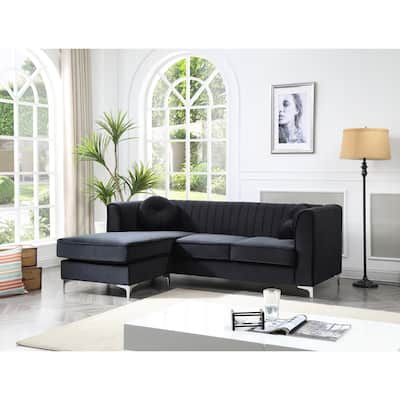 Black Velvet Sofa Chaise - 75"L x 63"W x 32"H, 146 lbs, Glam Style