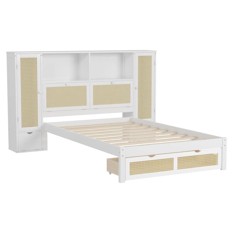 Twin Size Wooden Bed w/ 2 Storage Lockers, Drawer & Storage Shelf on Headboard, Multifunctional Platform Bed, Walnut