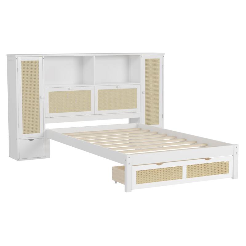 Twin Wooden Platform Bed with Rattan Headboard, 2 Lockers, Drawer & Rack