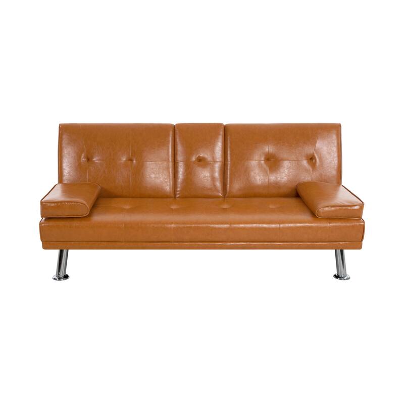 Convertible Futon Sofa Bed with Armrests & Cupholders - Faux Leather Reclining Couch for Small Spaces