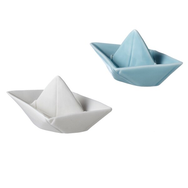 Set of 2 Ceramic Large Blue and White Origami Shaped Boat Knickknack Figures 5.5” - N/A