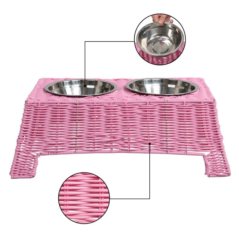 Serenity Elevated Pet Feeder 6.9" - Wicker Stand with 18oz Stainless Bowls