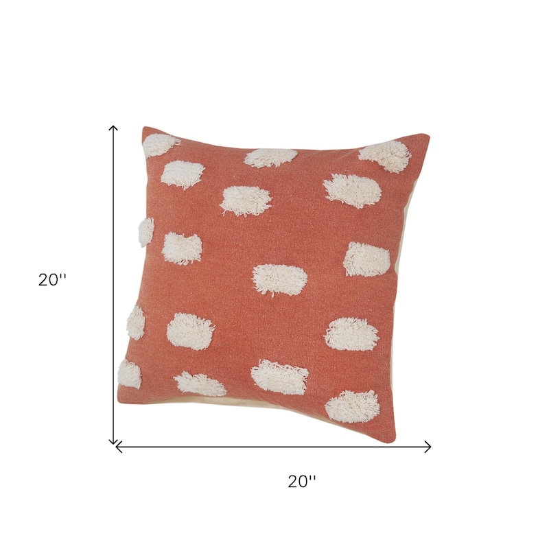 Set of Two 20" Orange And Natural And Orange Polka Dot Cotton Throw Pillows with Pompoms