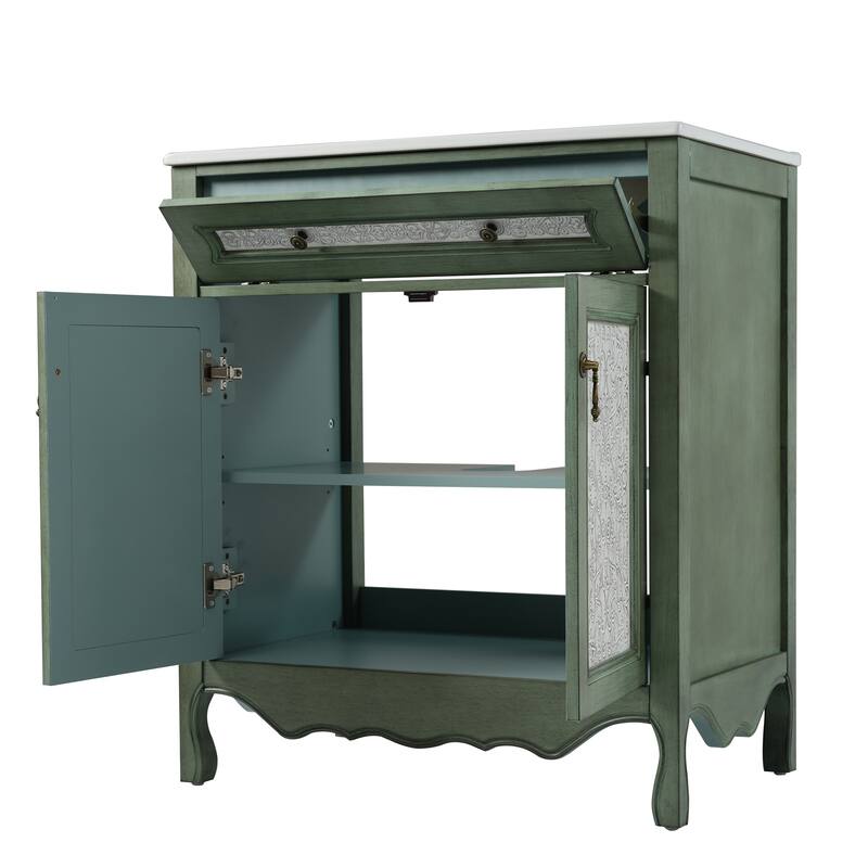 Christopher Knight Home - 30" Antique Pattern Bathroom Vanity with Ceramic Sink & Flip-Out Drawer