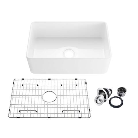 30" White Fireclay Farmhouse Undermount Kitchen Sink with Bottom Grid and Strainer