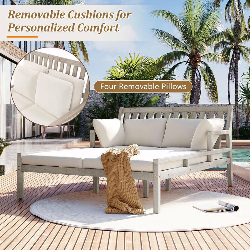 Wooden Patio Lounge Chair - 2-Position Chaise with Curved Armrests and 4 Cushions