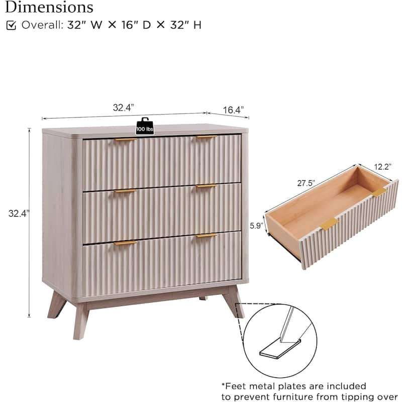 Modern fluted 3 Chest of Drawers, Dresser for Bedroom, Living Room