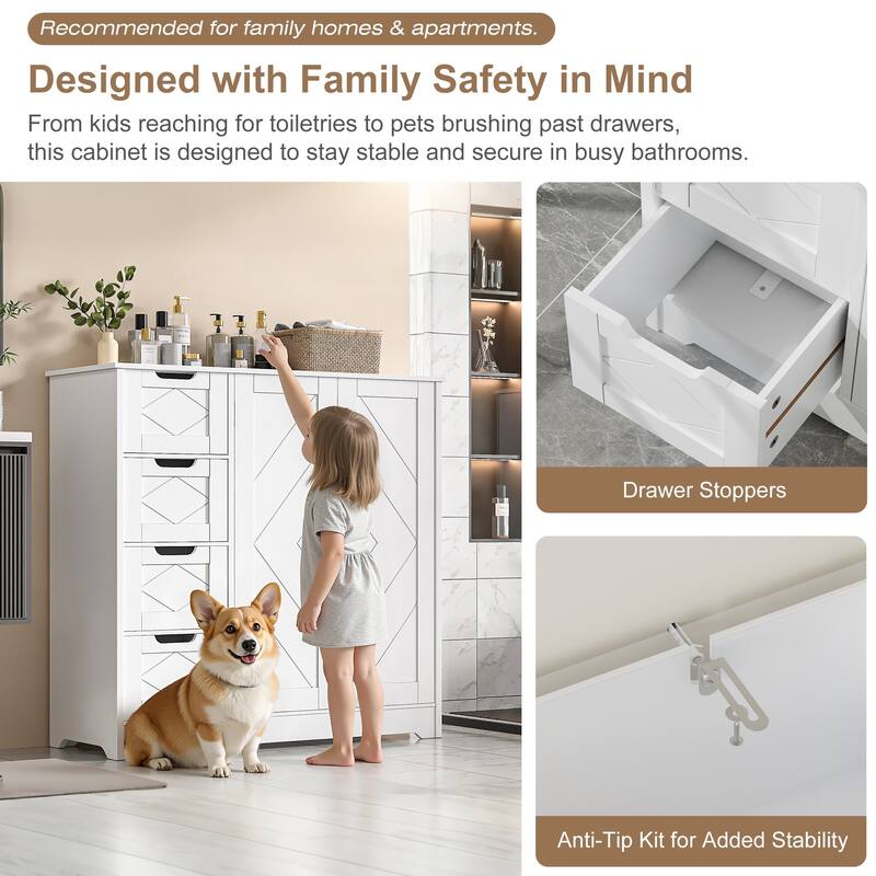 VECELO Wooden Bathroom Floor Cabinet, Side Storage Organizer Cabinet with 4 Drawers Freestanding Entryway Storage Unit