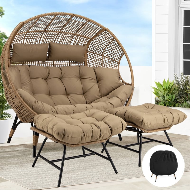 FINCATI Double Egg Chair with 2 Ottomans & Rain Cover, 680-lb Capacity