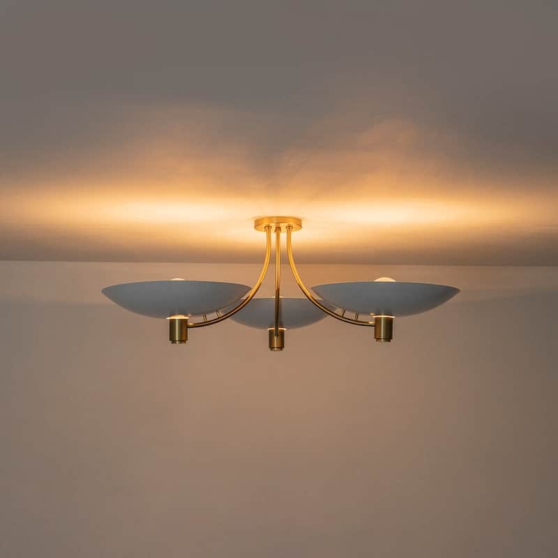 3-Light White Brass Sputnik Saucer Semi Flush Light Curved Arms - 40.6 Inches