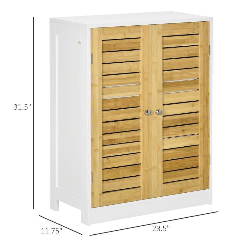 kleankin Bathroom Floor Cabinet, Side Storage Organizer Cabinet with Bamboo Doors, Adjustable Shelves, White and Natural