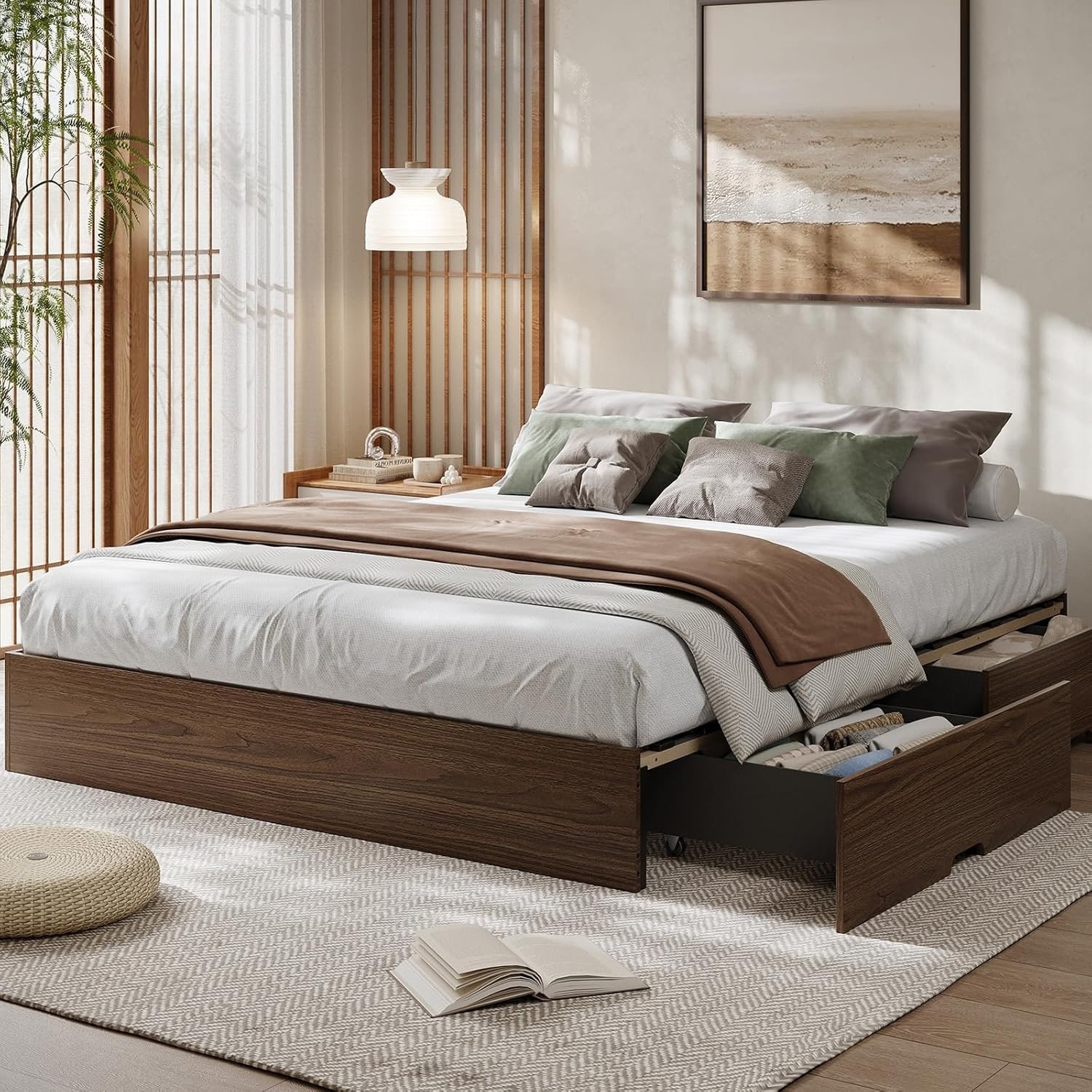 Wood Platform Bed Frame with 2 Storage Drawers, Wooden Bed Frame Without Headboard, Wood Slat Support