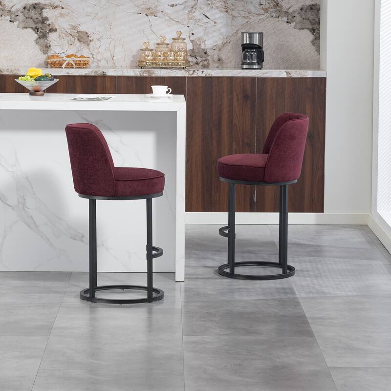 Counter Height Bar Stools Set of 2, Modern Barrel Counter Stools with Backrest, Linen Fabric Upholstered Accent Bar Stools