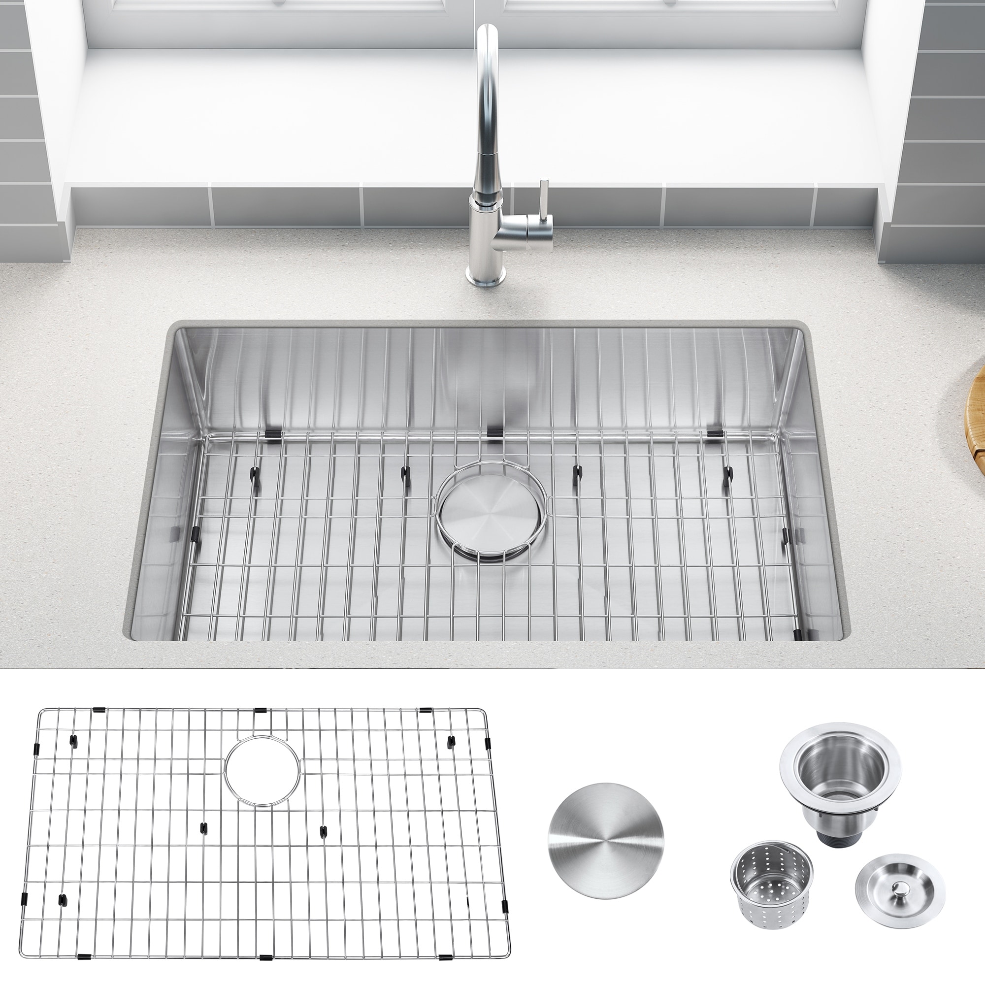 23 in Undermount Single Bowl Kitchen Sink with Bottom Grids Bed Bath
